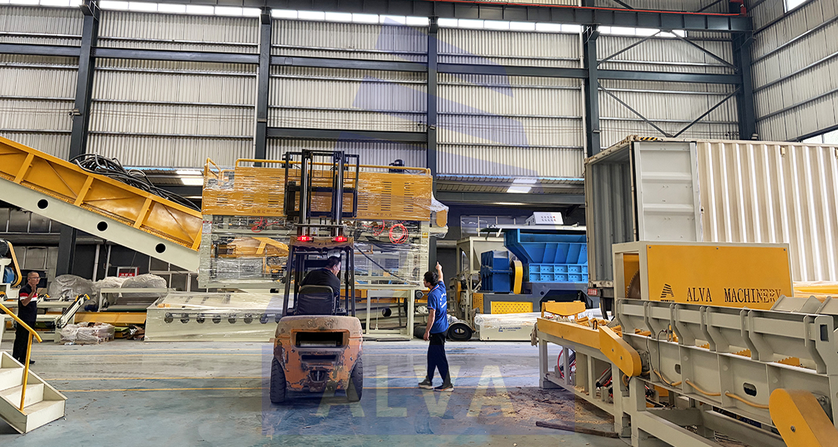`Log‑peeling one‑to‑two production line ready for shipment at Shandong Alva Machinery workshop`
